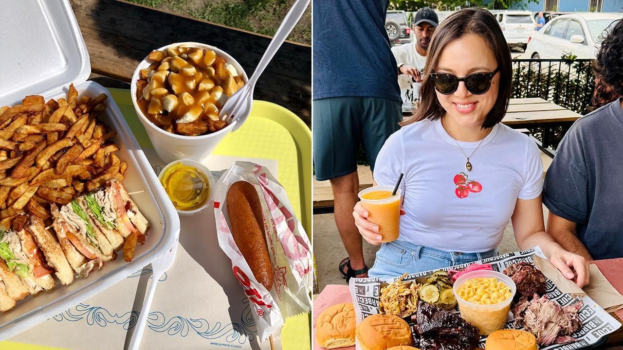 Left, closeup on a tray of food on an outdoor table: club sandwich, fries, corn dog and poutine. Right: a woman smiling at a picnic table with a tray of bbq food in front of her.