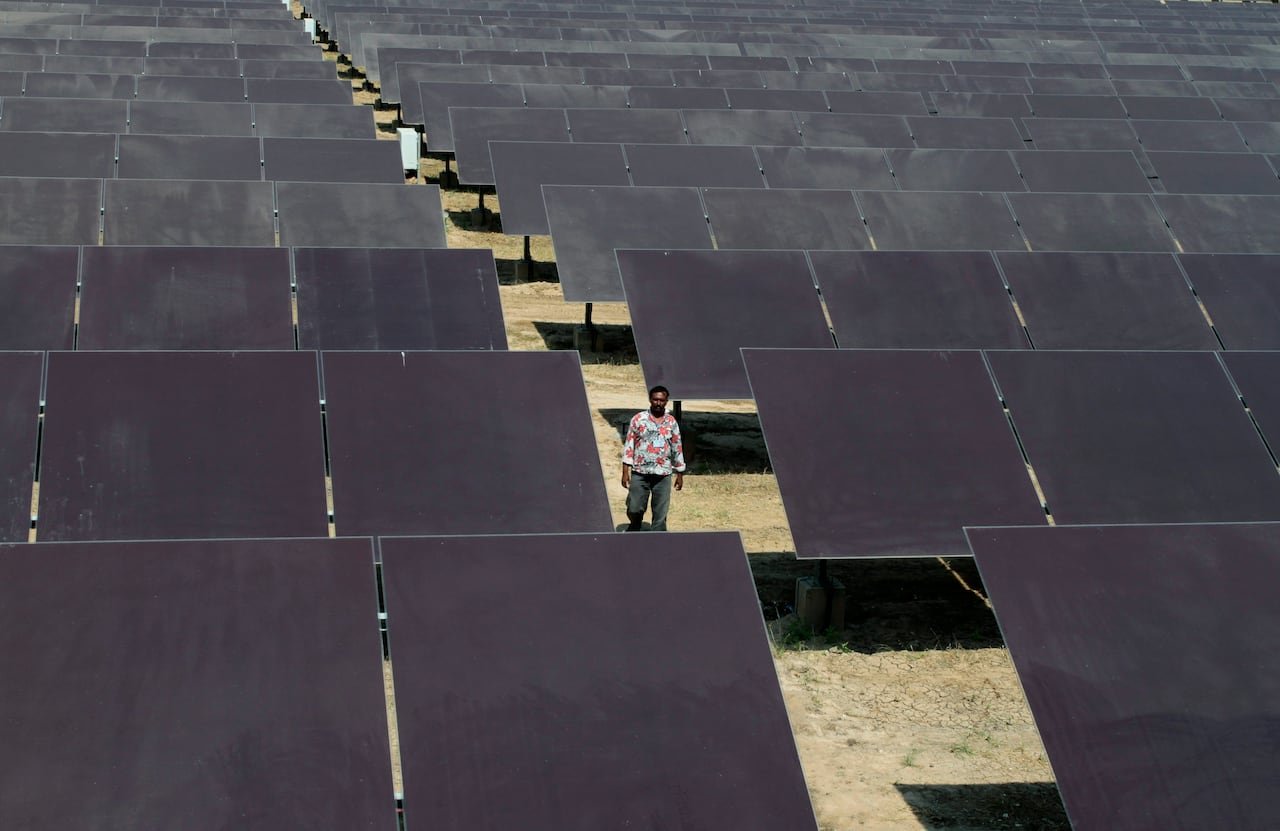 A man in a floral shirt walks through a field full of solar panels.