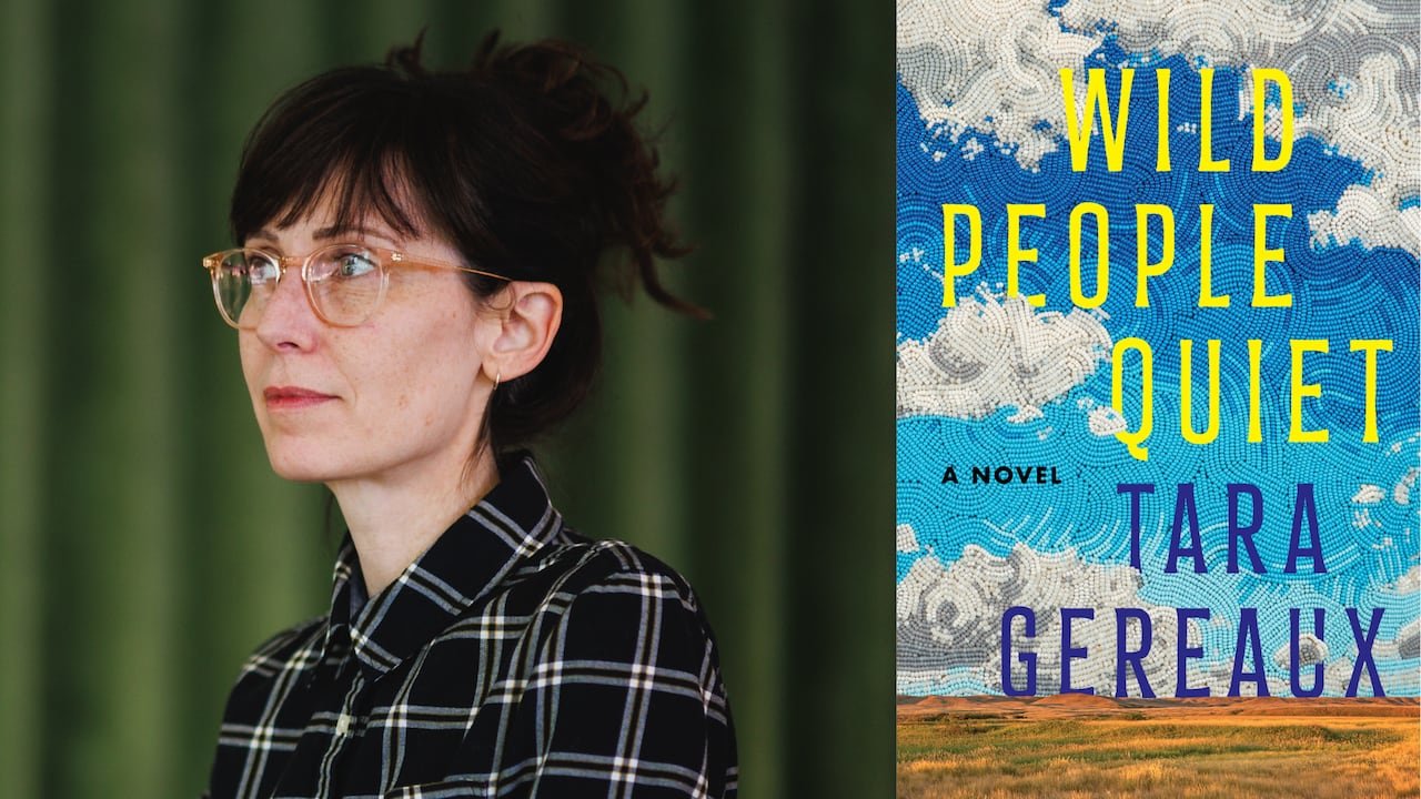 A woman with glasses and a book cover depicting a beaded sky over a Saskatchewan plain.