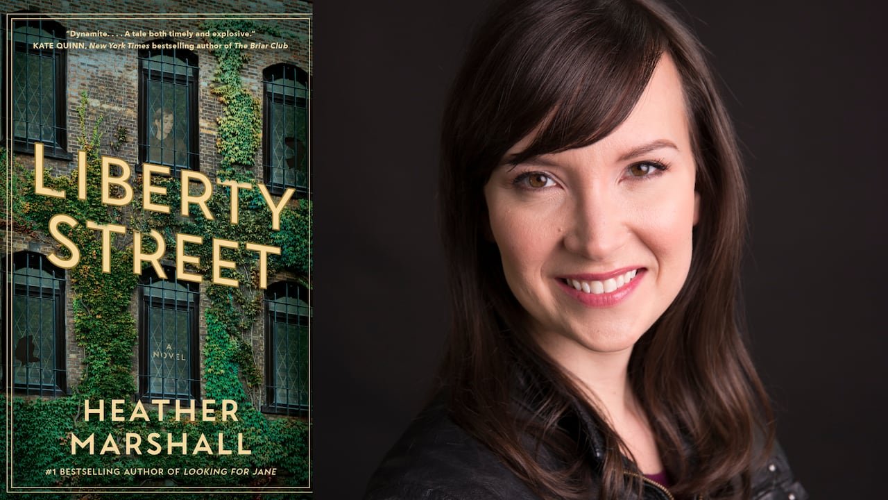A woman on a book cover and a smiling woman with brown hair.