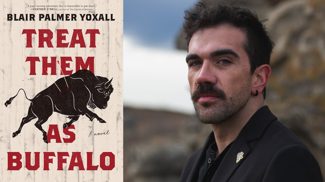 A buffalo silhouette on a book cover and an author portrait.